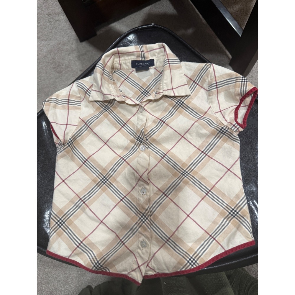 Burberry Nova Check Short Sleeve Button Up Shirt Beige Red Plaid‎ Size 4 Mens